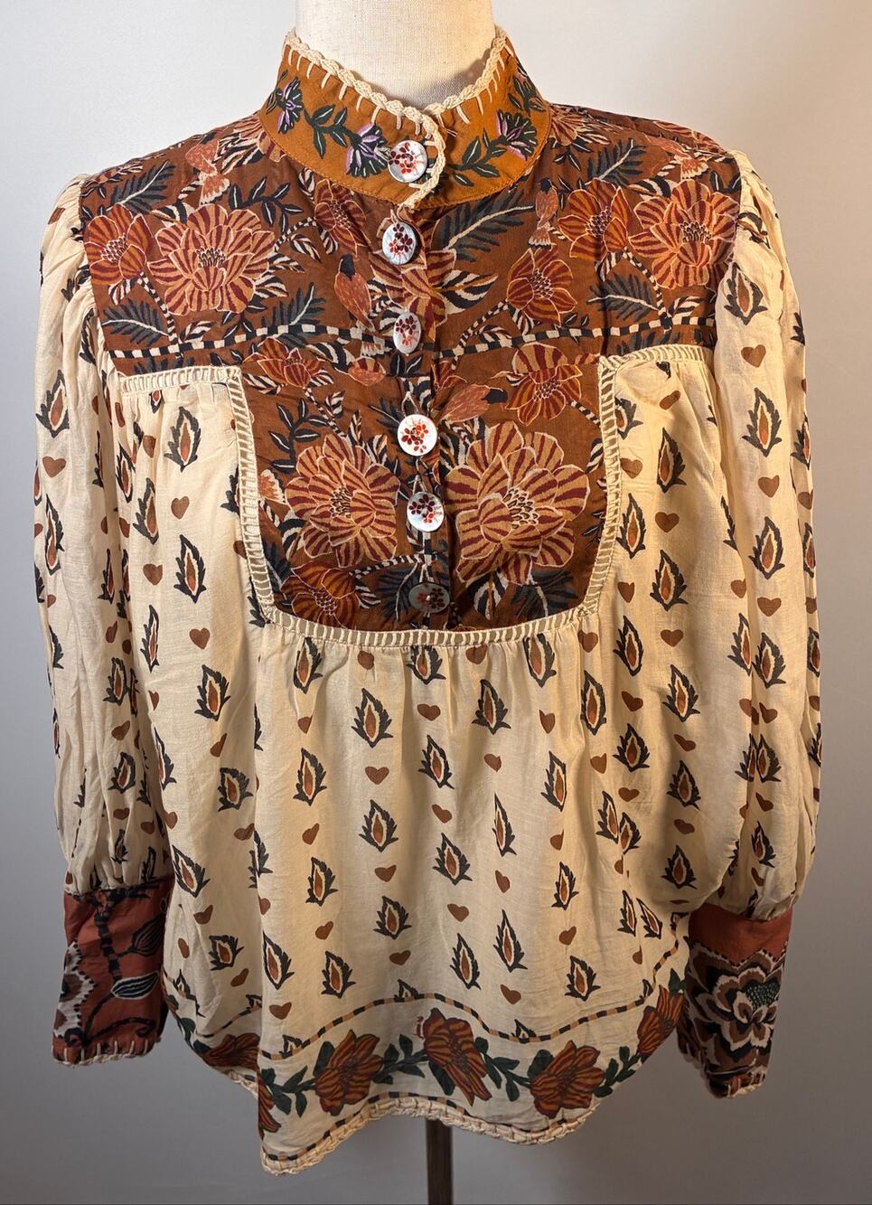 FARM Farm Rio Floral Hearts Cotton Henley Blouse M Balloon Sleeve